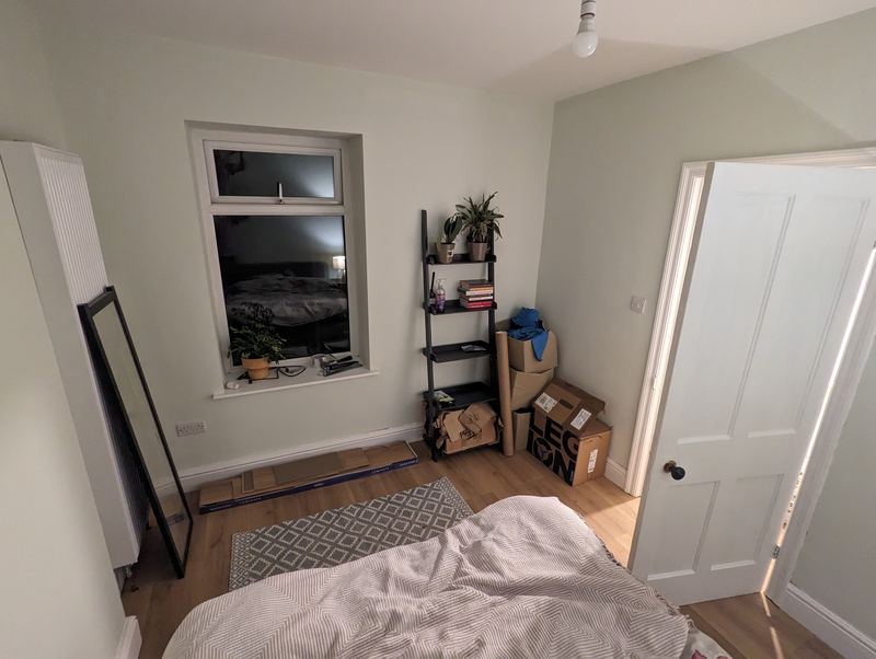 Bedroom 2 with pale green walls, a rear window, open shelving and a panelled door