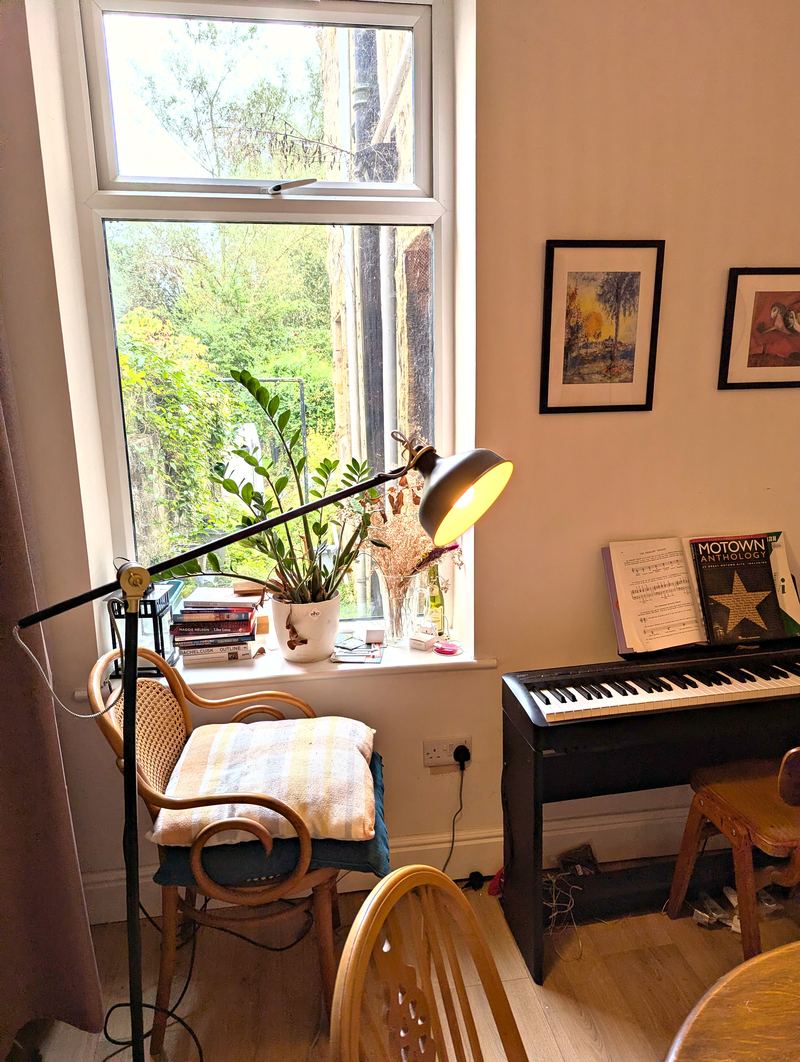 Corner of the dining room with a tall window, a floor lamp, a cane chair and a digital piano